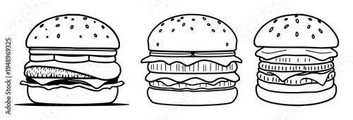 Protein-based meat alternative burger icon set with flat vector design on white background featuring bold borders, sustainable food theme, vegan steak with plant protein and clean lines