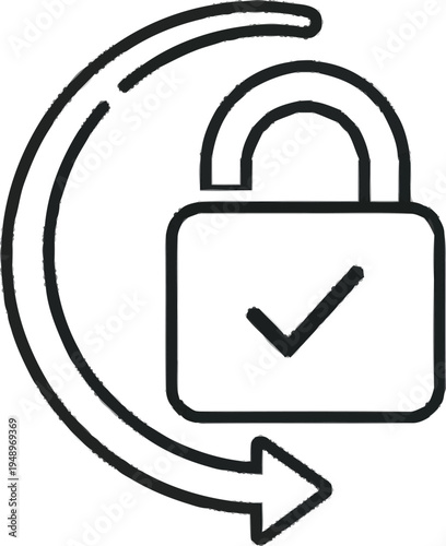 Padlock with a checkmark inside and an open shackle, surrounded by a single rotating arrow