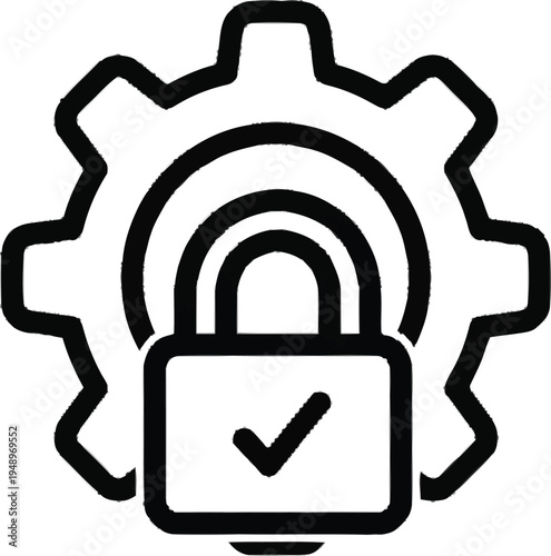 Gear with padlock and checkmark, symbol for security settings, privacy options and system configuration