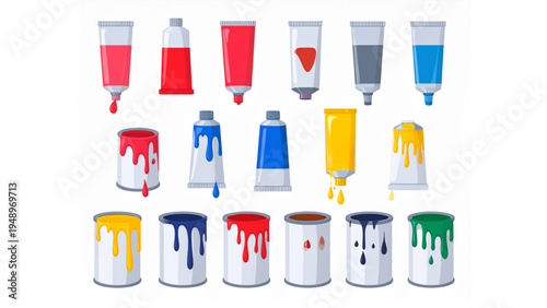 Cartoon Paint Cans and Paint Tubes Collection Colorful Art Supplies Vector Illustration Set