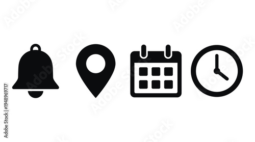 Notification bell, location pin, date calendar and time clock icons, represent messaging alert, map navigation, schedule planning and temporal tracking