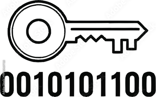 Black outline key icon with binary code digits below illustrating digital access and data encryption concepts online