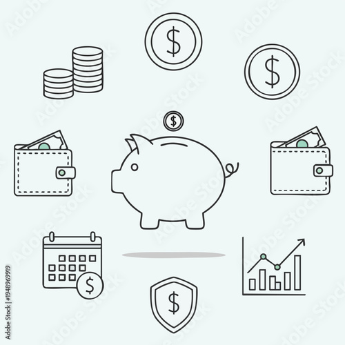 Dollar financial icons for savings, investments, budgeting, and wealth management, promoting personal economic prosperity and future planning with clear visuals