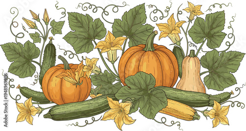 Pumpkins, Squash, and Cucumbers Vector Set Featuring Fresh Vegetables, Flowers, and Vines for Organic Farming, Harvest, and Gardening Illustrations