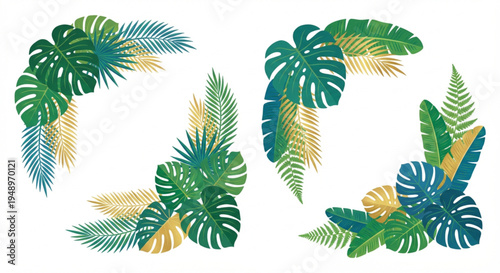 Decorative tropical leaf corner designs in vibrant green, teal, and gold colors