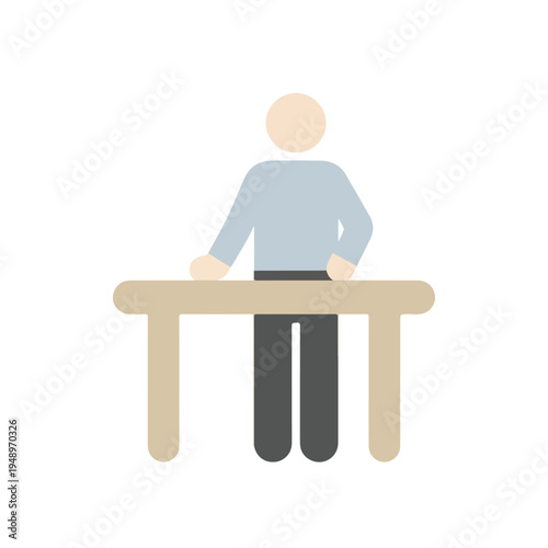 A minimalist illustration of a person in a light blue shirt and dark pants standing behind a beige table, suggesting work or interaction.