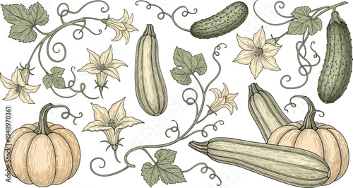 Pumpkins, Cucumbers, and Vines Vector Set Featuring Fresh Vegetables and Flowers for Organic Farming, Gardening, and Harvest Illustrations