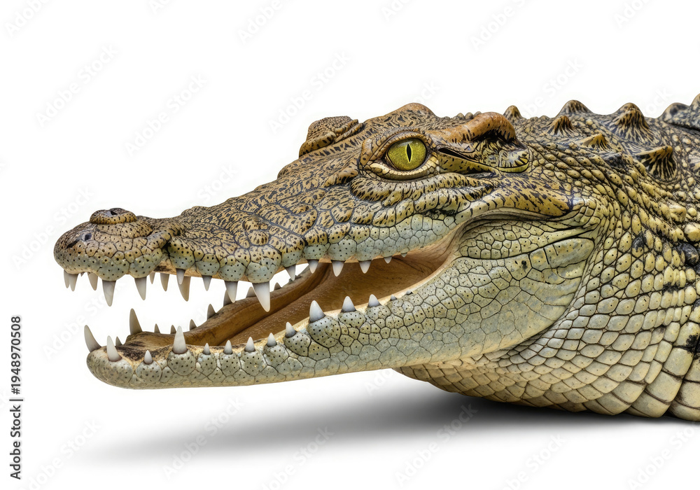 Fototapeta premium Closeup of a crocodiles head with open mouth isolated on white background