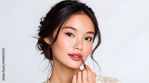 Asian young woman applying lipstick to her lips in a close-up portrait