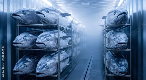Frozen whole tuna fish stored in a refrigerated shipping container for export.