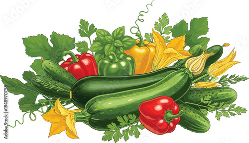 Fresh Vegetables and Herbs Vector Set Featuring Zucchini, Bell Peppers, Cucumbers, and Blossoms for Organic Farming, Gardening, and Culinary Illustrations