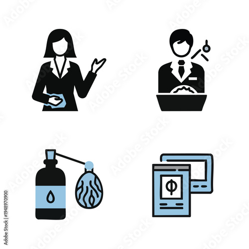 Business and Finance Icons Dollar Sign, Presentation, Perfume, and Digital Display