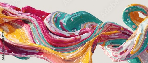 Abstract swirl of paint in bright hues, resembling viscous liquid on plain backdrop