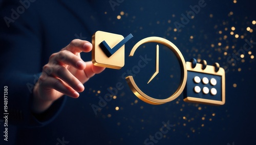 A person using a smartphone with digital icons of a check mark, clock, and calendar, symbolizing task completion, time tracking, scheduling, and productivity management in a modern digital workflow. 