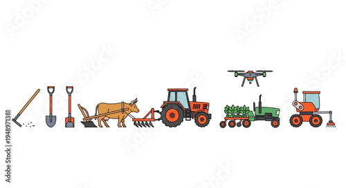 Evolution of agriculture from primitive tools and animal-drawn plows to modern tractors and agricultural drones demonstrating advancements in farming technology