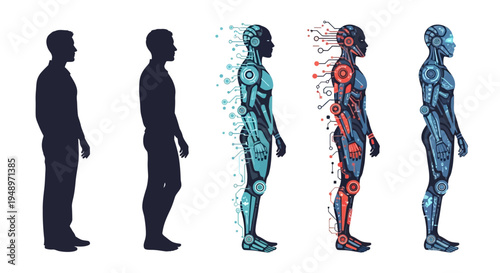 Illustrating the conceptual evolution of human identity, from biological origins to advanced artificial intelligence and sophisticated cybernetic integration