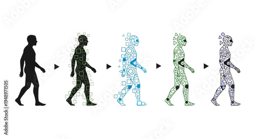 The Evolution of Human Form From Silhouette to Digital Being, a Visual Journey of Transformation and Futuristic Adaptation
