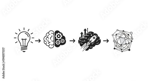 The evolution of an idea from a lightbulb to a complex network showcasing innovation, growth, and technological advancement