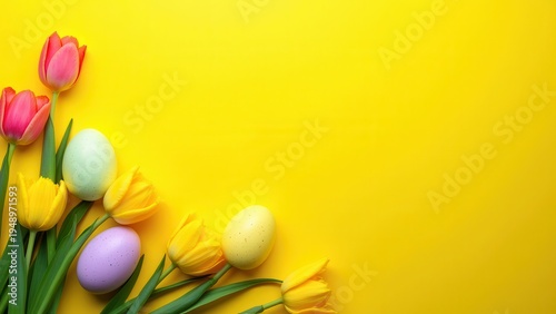 easter banner with colorful eggs yellow tulips and daffodils on yellow background with copy space