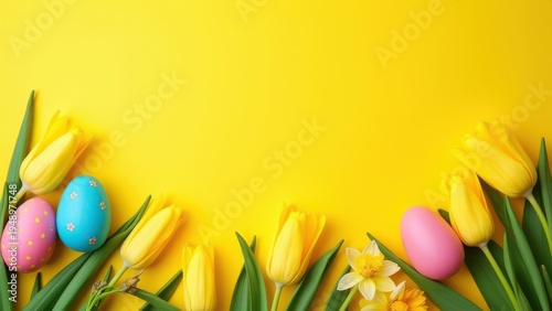 easter banner with colorful eggs yellow tulips and daffodils on yellow background with copy space