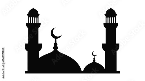 Black silhouette of mosque with two minarets and crescent moons on domes