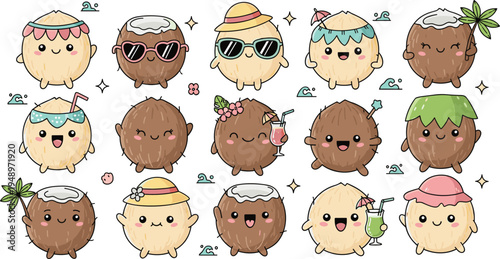 Cute cartoon coconut characters vector set tropical fruit mascots with sunglasses drinks summer vacation kawaii food illustration collection isolated background