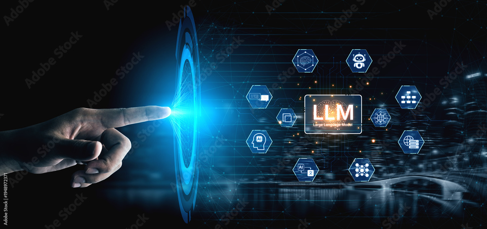 Obraz premium Large Language Model LLM processing data. Represents deep text learning, natural language processing NLP AI tech, transformer architecture, and generative AI deep learning future technology. Corpus