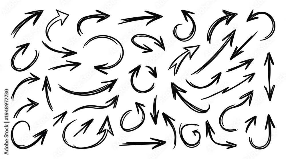 Obraz premium Black ink pencil arrows pointing in various directions, showing movement and path indicators, isolated on a clean white background for navigation