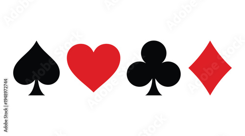 Playing card suits featuring spades hearts clubs and diamonds arranged in a horizontal row on a crisp white background for casino and gambling themes