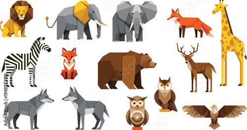 Low Poly Wildlife Animal Collection with Lion, Elephant, Giraffe, Zebra, Fox, Bear, Wolf, Deer, Owl and Eagle Geometric Vector Illustration Set.