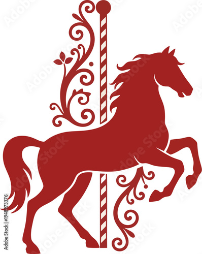 Elegant Red Carousel Horse Silhouette with Decorative Floral Ornament and Pole — Vintage Vector Illustration of Merry-Go-Round Horse