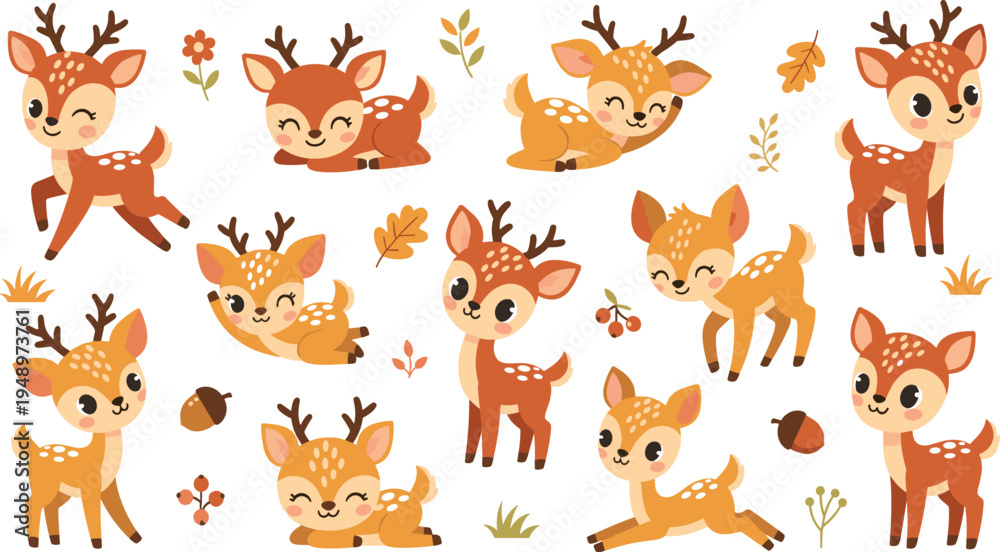 Obraz premium Cute Baby Deer Character Collection with Different Poses Including Sitting, Jumping, Running and Sleeping Cartoon Woodland Animal Vector Illustration Set.