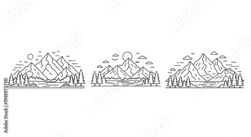 Minimalist mountain landscapes with trees and a rising sun silhouette