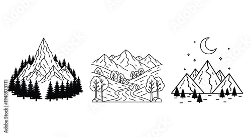 Minimalist mountain landscapes with trees and a crescent moon silhouette