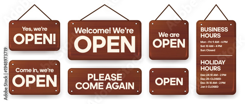 Realistic dark wood signage set, hanging wooden boards with business hours and welcome text, 3D timber plaque collection