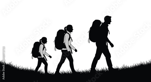 Hikers walking in nature with large backpacks a striking silhouette
