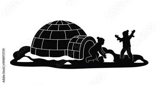 An arctic scene depicts an igloo and children playing a black silhouette