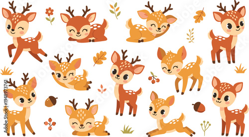 Cute Baby Deer Character Collection with Different Poses Including Sitting, Jumping, Running and Sleeping Cartoon Woodland Animal Vector Illustration Set.