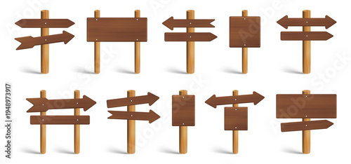 Adventure game wood sign set, rustic timber directional pointers for fantasy UI and map navigation