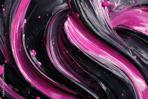 Abstract swirled paint in black and pink with glossy highlights and textural drips