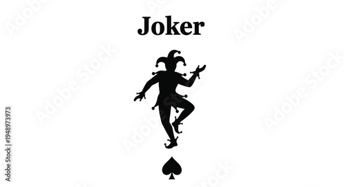A black joker card design featuring a playful figure silhouette