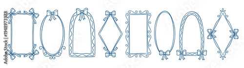 Decorative hand drawn frames with elegant bows, arranged in a horizontal border collection on a clean white background for wedding and stationery items