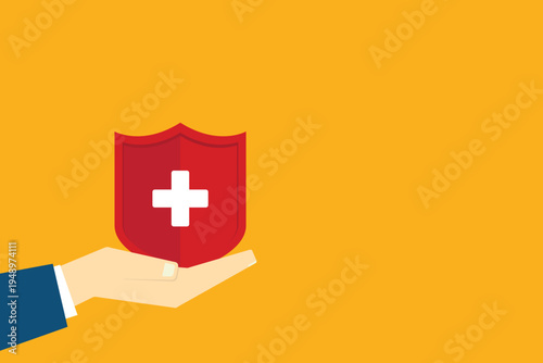Health Insurance Protection Concept – Hand Holding Medical Shield with Cross Symbol, Healthcare Safety, Medical Coverage, Hospital Care Security Flat Vector Illustration
