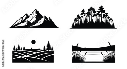 Four landscape scenes depict mountains forests and fields a silhouette