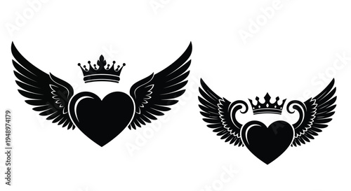 Two heart and wing emblems with crowns a striking silhouette