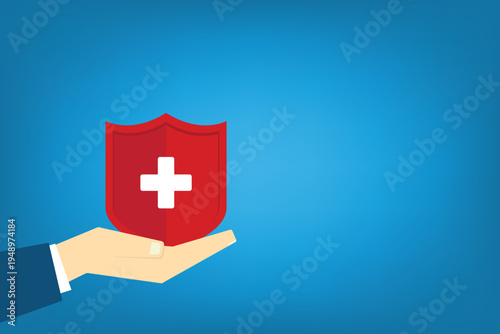Health Insurance Protection Concept – Hand Holding Medical Shield with Cross Symbol, Healthcare Safety, Medical Coverage, Hospital Care Security Flat Vector Illustration