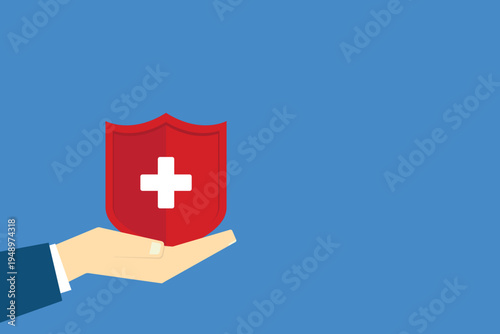 Health Insurance Protection Concept – Hand Holding Medical Shield with Cross Symbol, Healthcare Safety, Medical Coverage, Hospital Care Security Flat Vector Illustration