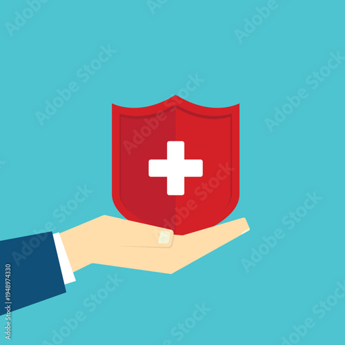 Health Insurance Protection Concept – Hand Holding Medical Shield with Cross Symbol, Healthcare Safety, Medical Coverage, Hospital Care Security Flat Vector Illustration