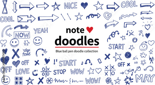 Blue ball pen doodle collection with hand drawn arrows stars hearts and text in cad drawing flat vector illustration style.