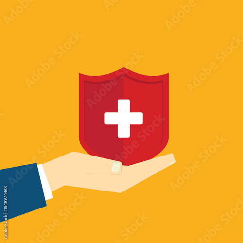 Health Insurance Protection Concept – Hand Holding Medical Shield with Cross Symbol, Healthcare Safety, Medical Coverage, Hospital Care Security Flat Vector Illustration